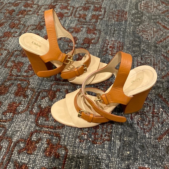 Chloé Leather Heel Sandals in Tan and Cream |size 5.5 - Picture 6 of 15